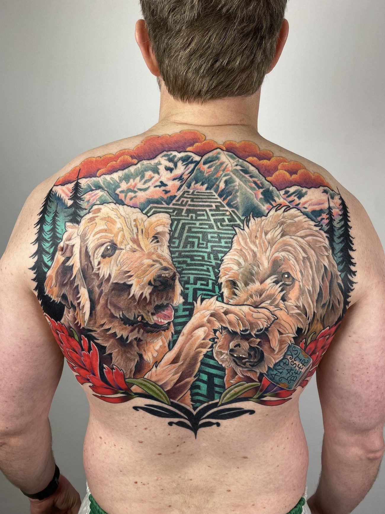 Color backpiece of two dogs with mountains, clouds, and a maze