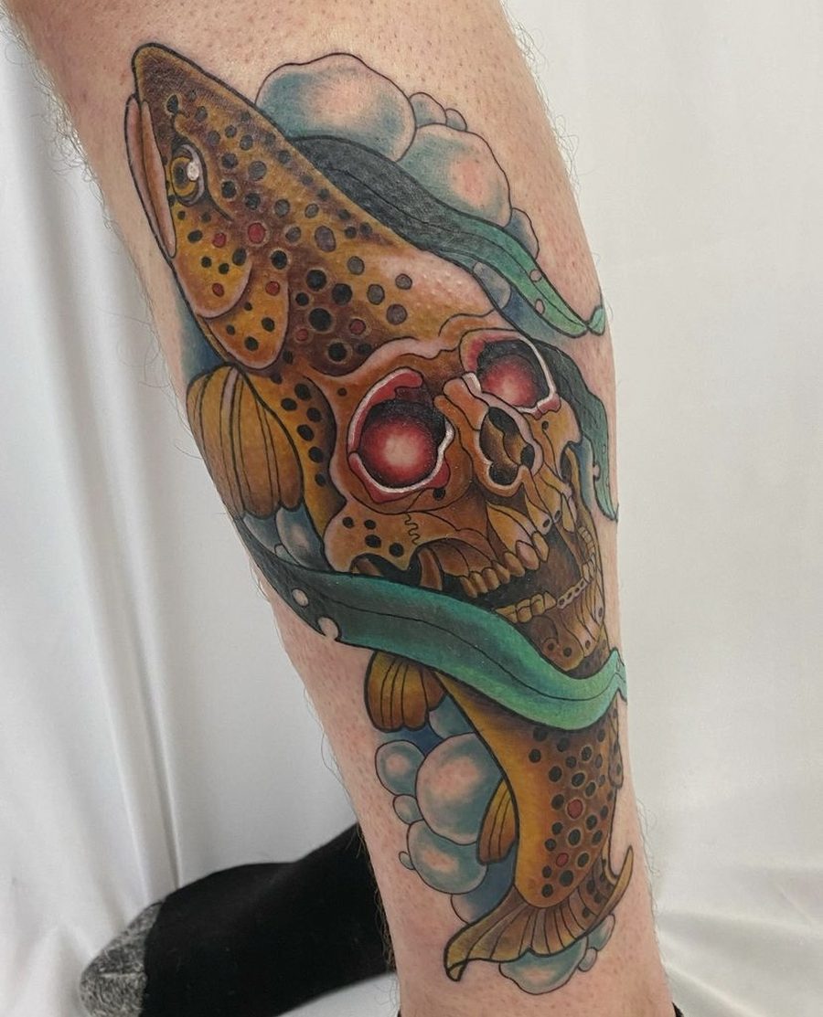 Color neo-traditional brown trout with a skull and Japanese clouds