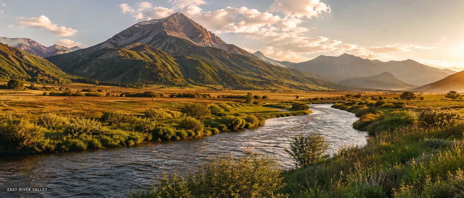 The East River winding through the valley below the peaks near Crested Butte