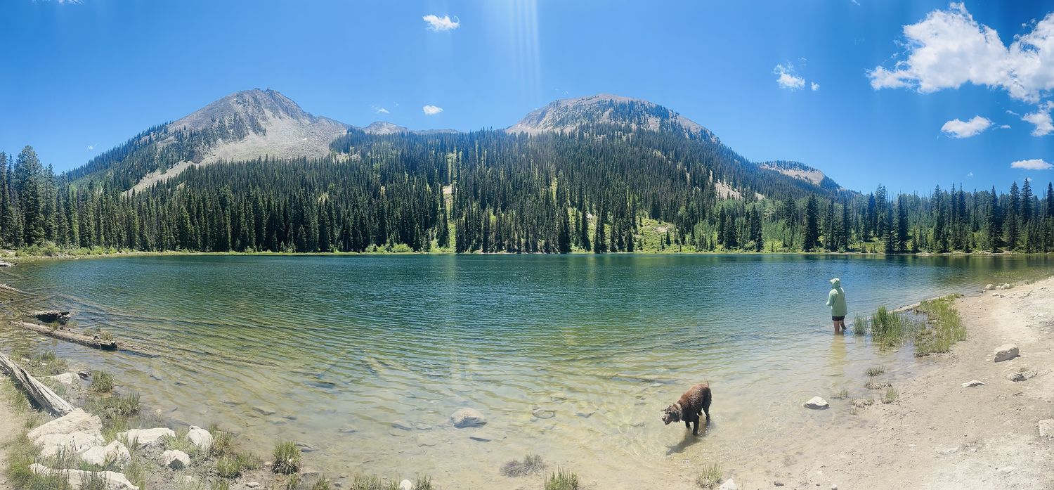 A high-country alpine lake with a fly fisher and a dog on a summer day