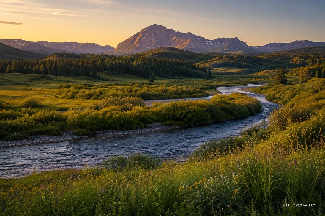 The Slate River winding through the valley at golden hour